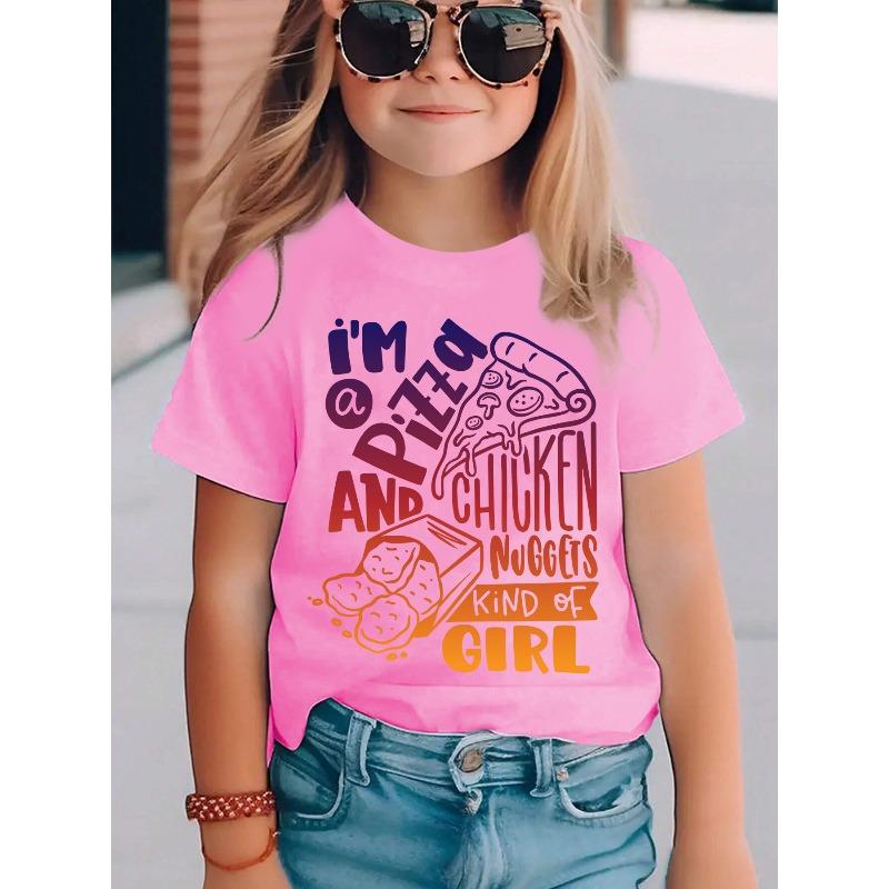 

European Size Girls Round Neck Short Sleeved T Shirt with Creative Print I Am A Pizza and Chicken Nuggets Kind of Girl 164cm рожевий