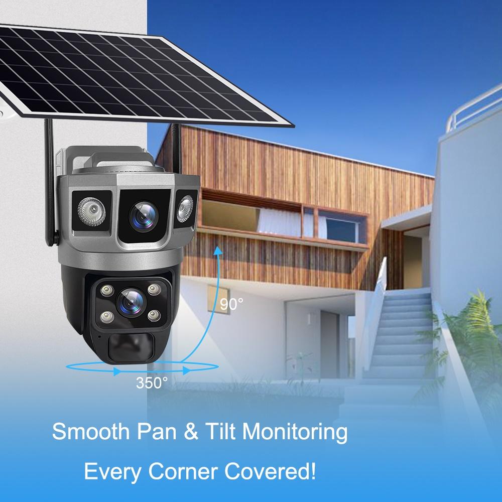 Solar-powered Surveillance Camera, HD 2-lens 3-screen Display, 10x Zoom, Automatic Human Detection Tracking, 4G/WIFI CCTV Recorder