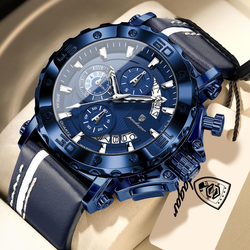 POEDAGAR Sportuhren für Herren Wasserdicht Leuchtend Datum Uhr Chronograph Leder Quarz Funktionell Armbanduhr Reloj