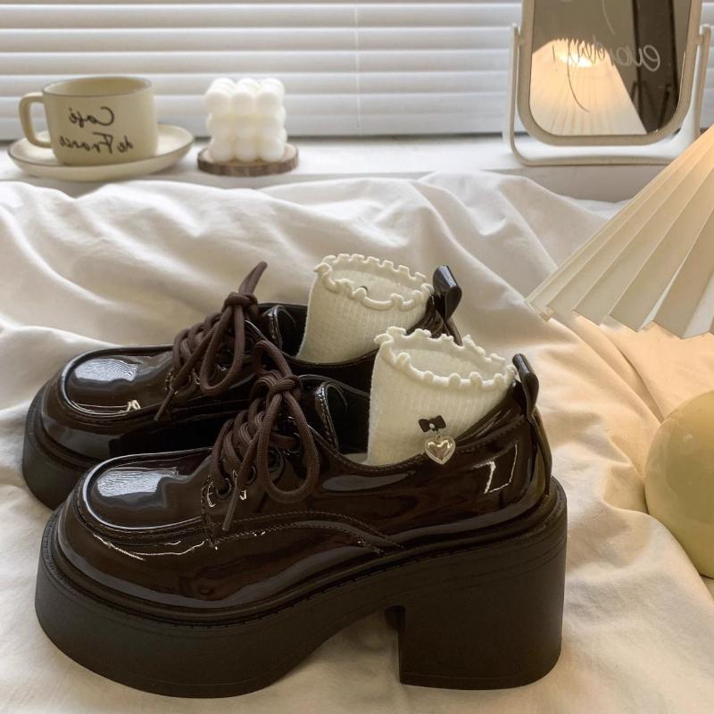 Women'S Platform High Heel Mary Jane Leather Shoes  Spring Autumn New Vintage British Height Increase Lace Up Loafers