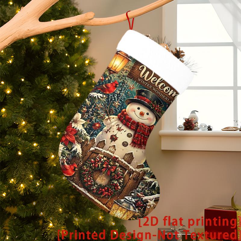 Christmas Decoration Fireplace Hanging Stocking 1pc Winter Snowman Welcome Pattern Christmas Gift Socks, Christmas Decor