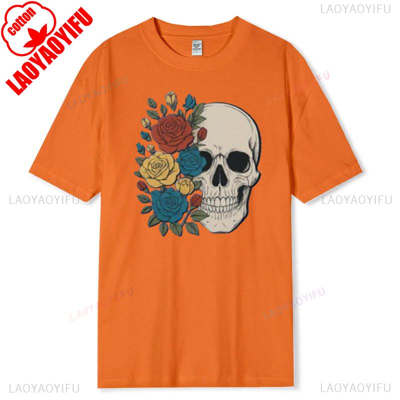 Skull Rose Vintage TShirt Floral Skeleton Cotton Short Sleeve Summer Casual Tee Gothic Boho Style Women Graphic Top Gift