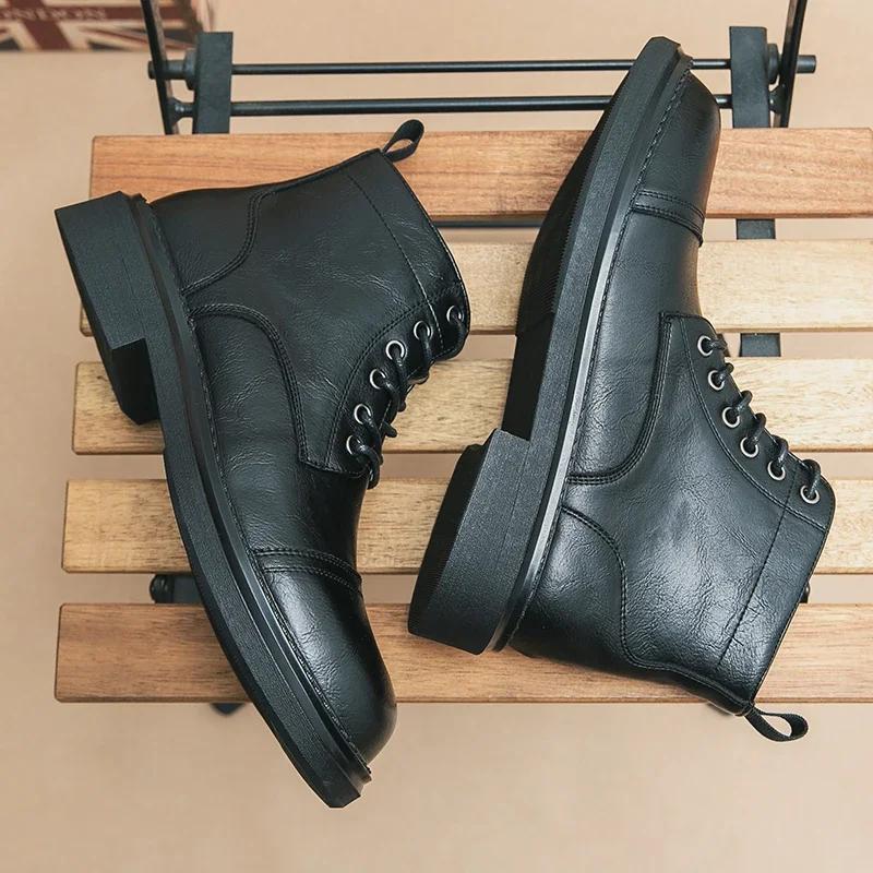 High Top Men Boots PU Lace Up Low Heel Solid Comfortable Round Toe Work Boots Classic Large Size 38-46 Fashionable Men Boots