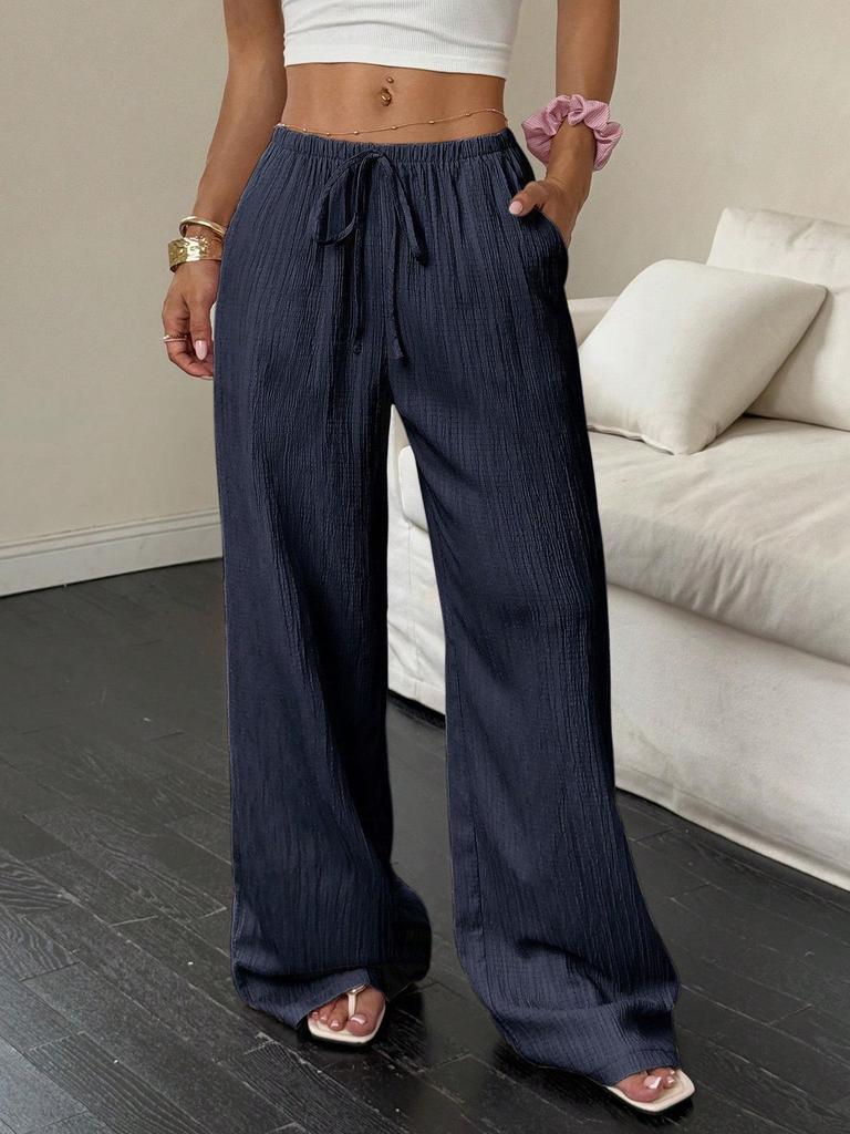 2026 Women's Casual Wide-Leg Pants with Knot Waist and Textured Fabric