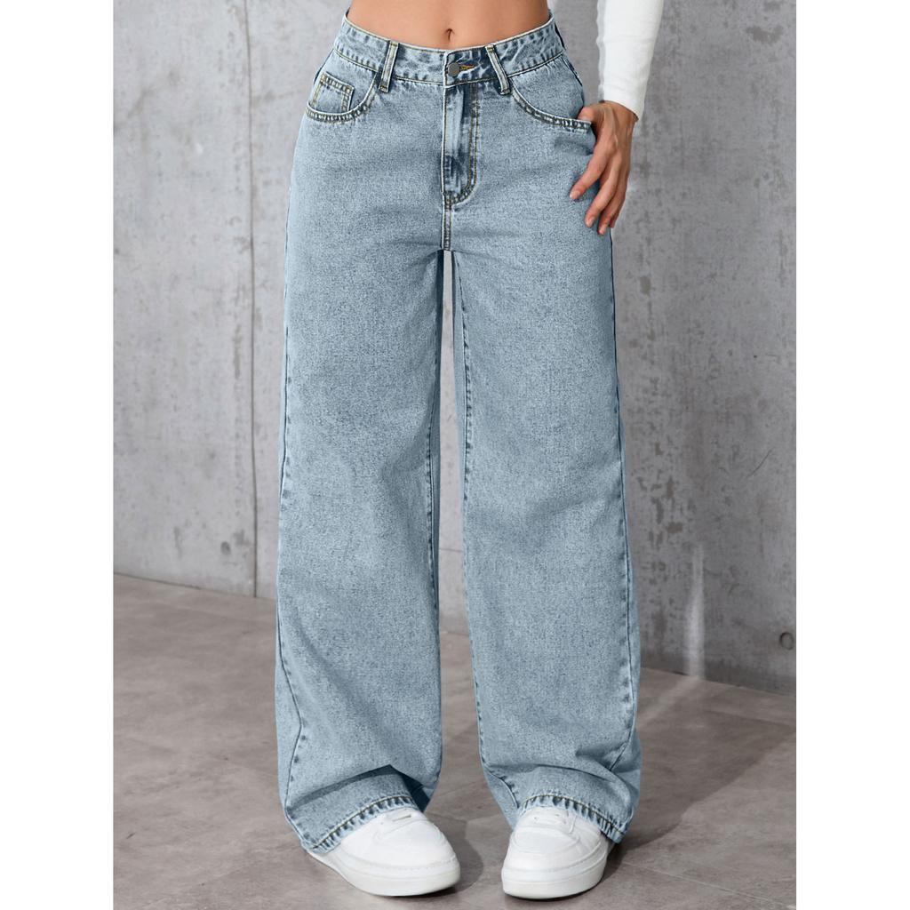 Autumn High-waisted Wide-leg Women's Jeans - Light Grey Washed Jeans Loose and Fashionable