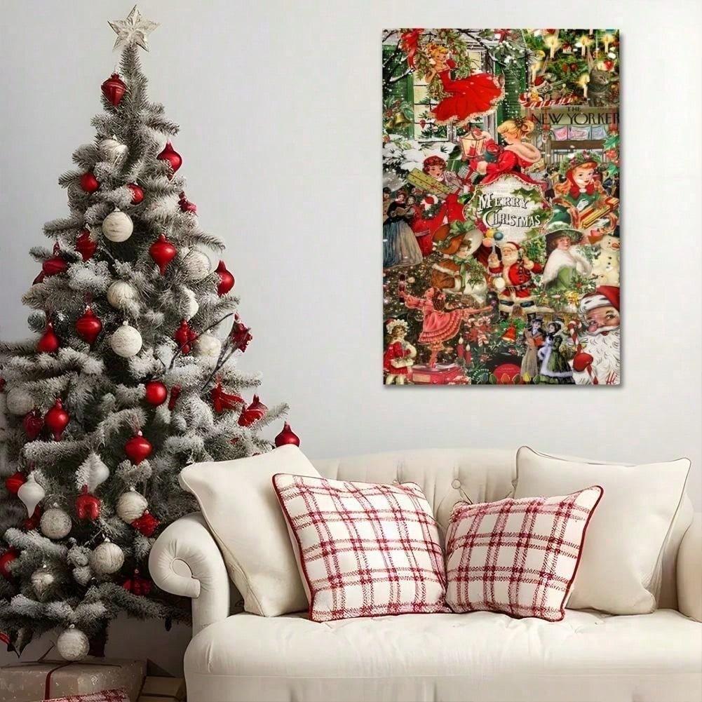 

1Pc Solid Wood Frame Christmas Canvas Wall Art, Vintage Illustration Style Poster, Festive Home Decor, Easy to Hang 20x30 разноцветный