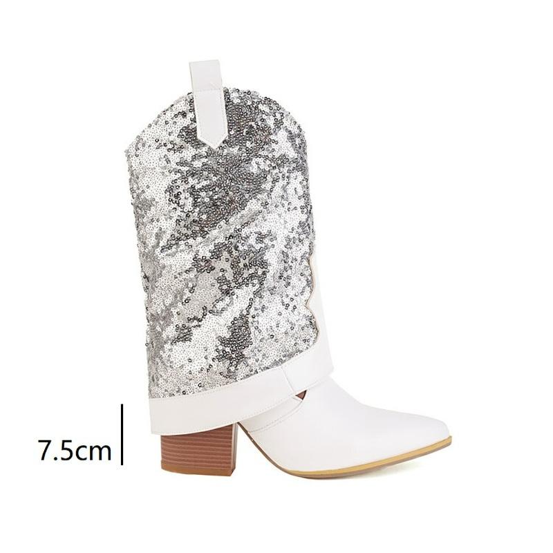Sequin Cloth Western Boots Women Glitter Silver Gold Chunky High Heels Mid-calf Cowboy Boots Cowgirl Shoes