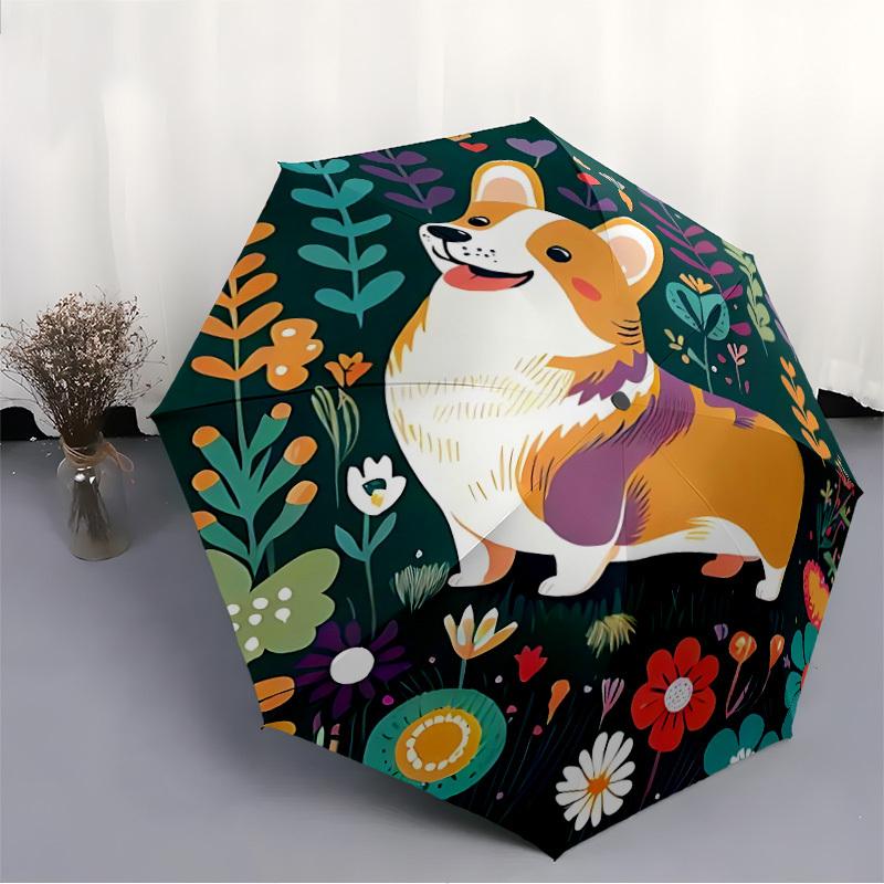 1pc Floral Corgi Fashionable Automatic Opening/Closing Folding Umbrella with 8 Bones, Windproof Portable, Daily Use061