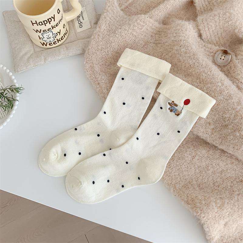 Cute Cartoon Embroidered Socks with Unique Flanges, Trendy Female Dachshund, Pure Cotton Butterfly Mid-calf Pile Socks