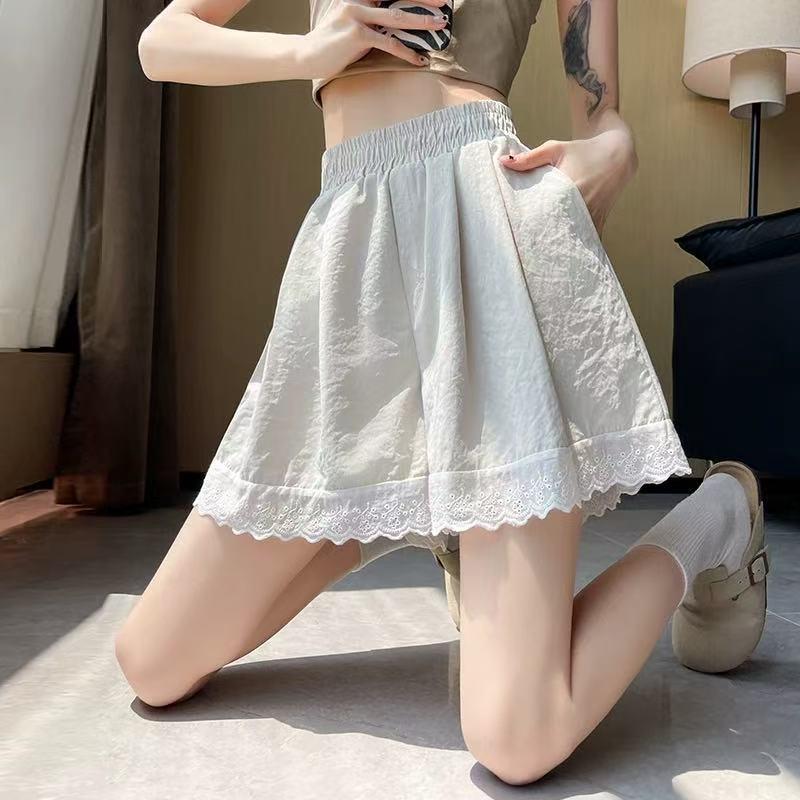 2026 Summer Women s Purple High-Waisted Wide-Leg Lace Trim Shorts S (70-85 jin)