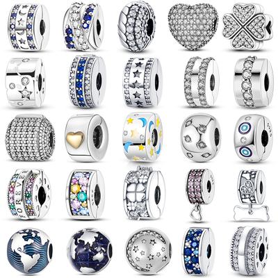 925 Silver Clip Charms Fit Original Pandora Bracelet DIY Pave CZ Star Moon Clasp Stopper Bead