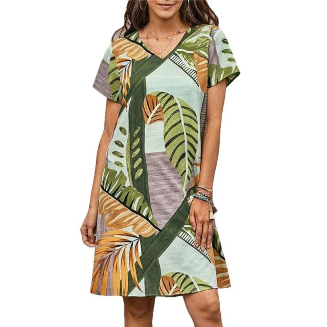 2021 Summer Dress Women V Neck Leaf 
