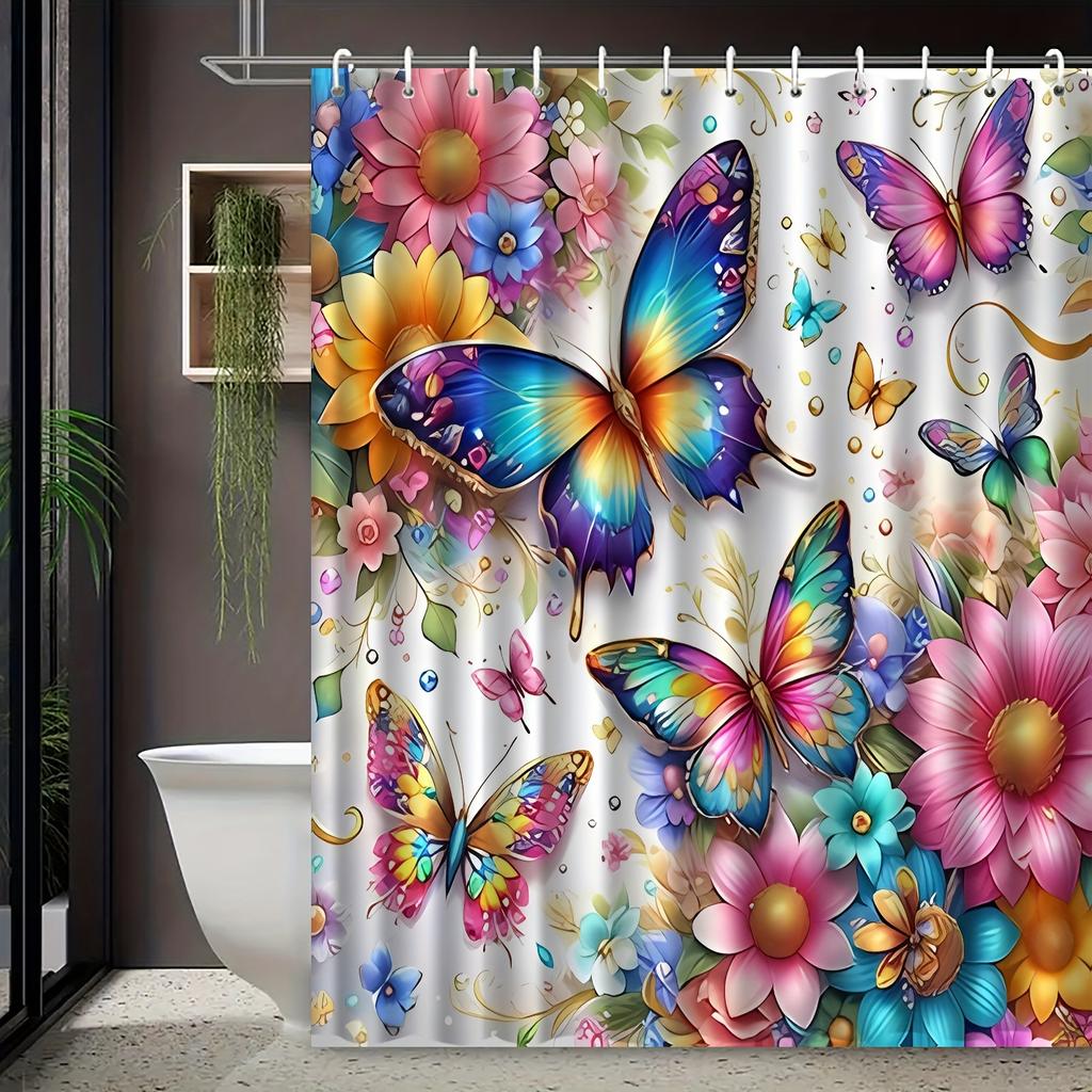 1pc Butterfly Pattern Printed Shower Curtain, Suitable for Home Bathroom Decor, Machine Washable Window Bathroom Decoration