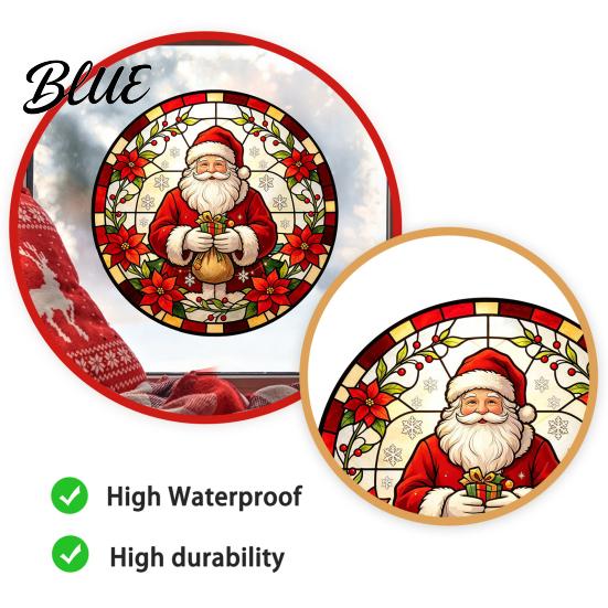 Removable Static Window Film Round Christmas Sticker Stained Glass Style Holiday Storefront Decals Cling Santa Claus Tree PVC Decal for Home Decor