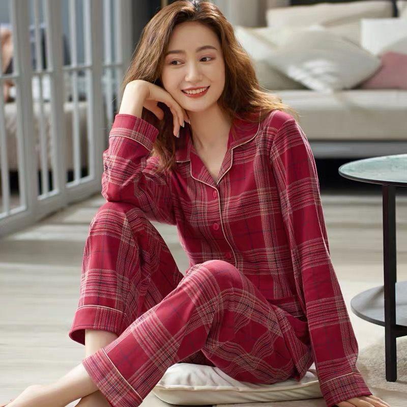 Women's 100% Cotton Long-Sleeve Pajamas for Middle-Aged & Elderly - Loose Cardigan for Autumn/Winter