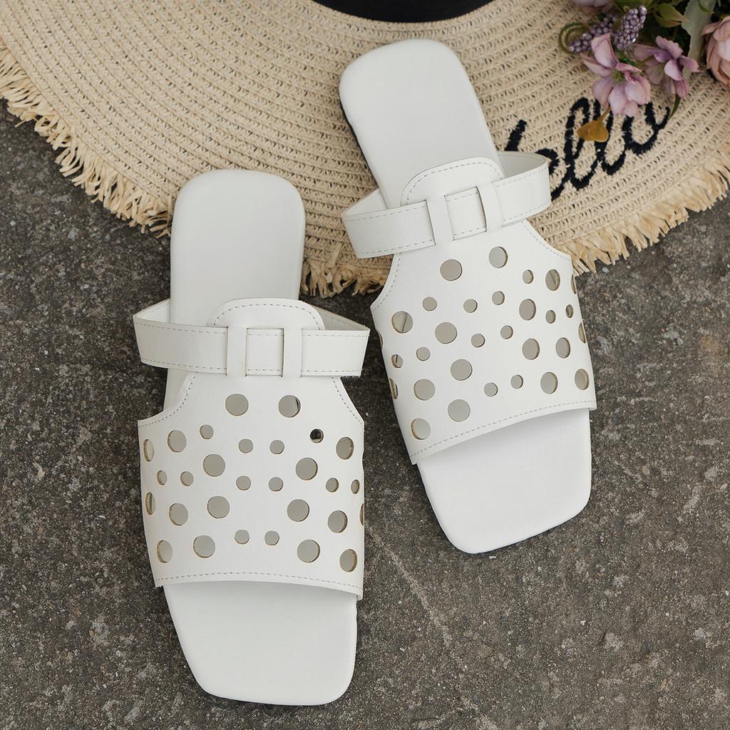 Fashion Fretwork Heels Shoes Woman 2025 Big Size Low Slippers Flat Square Toe Summer Slides Fabric Rubber PU Hoof Shoes Slippers Women S