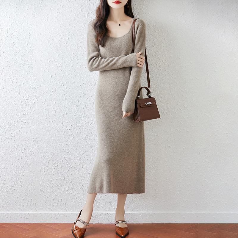 Women Sweater Dress 100% Wool MODERN NEW SAGA U-neck Knit Long Pullover Winter Jumpers Wool Long Dress Female