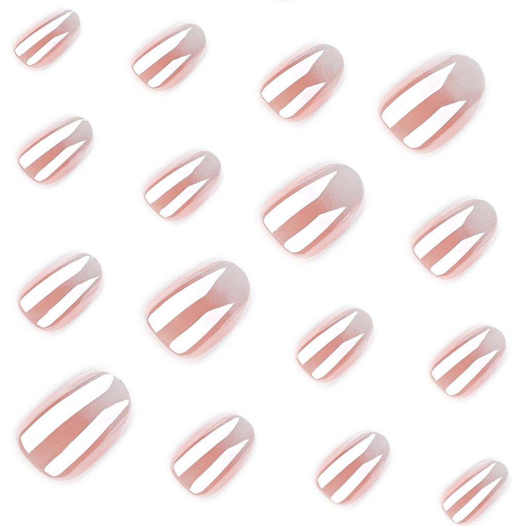 French Nude Pink Gradient Plated Short Round Manicure Nails - Versatile & Luxurious for Everyday Wear