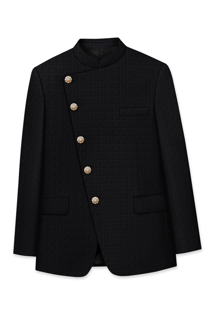 

Baltic Sea Black Subtle Plaid Cross Placket Bandhgala Blazer 42