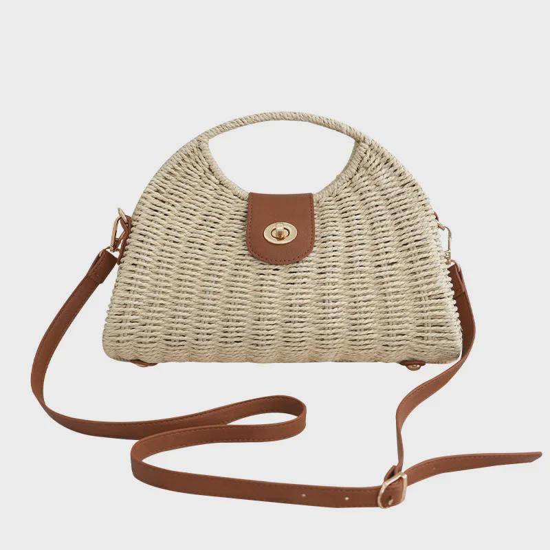 Seaside Holiday Retro Woven Beach Bag - Women's Handheld Shoulder Crossbody