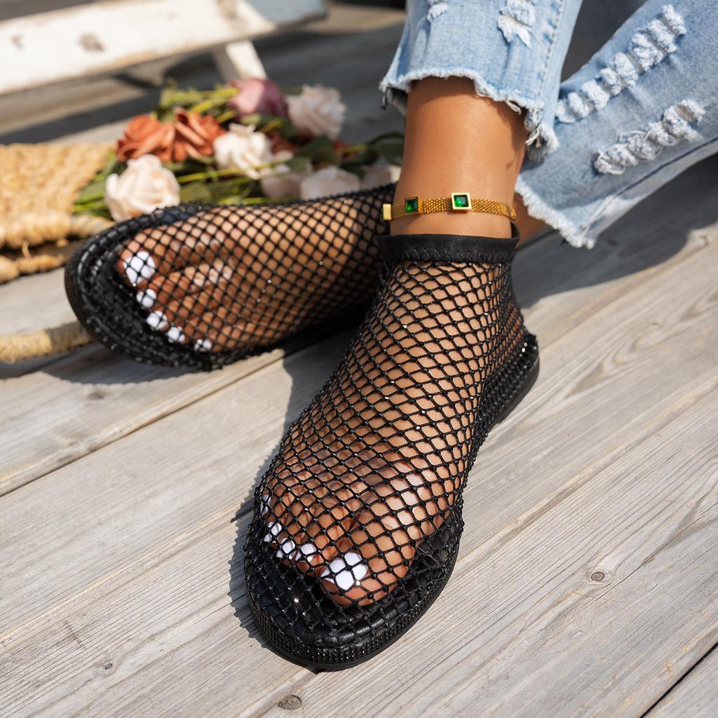Summer Sexy Large Size Flat-bottomed Hollow Sandals Women's 2025 Summer New Round Head Sandals with Diamonds Short Boots