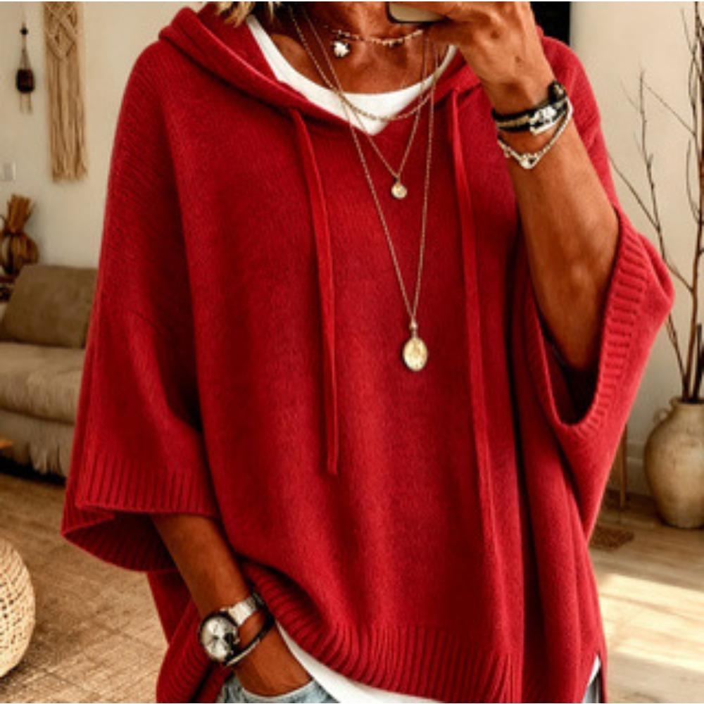 Women New Knit Hooded Drawstring Sweatshirt, Loose Casual Knitted Outerwear Sweater