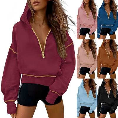 Quente, Fleece, Jaqueta Larga, Moletom Pulôver com Capuz, Meio Zíper, Corte Curto, Moletom com Capuz, Feminino
