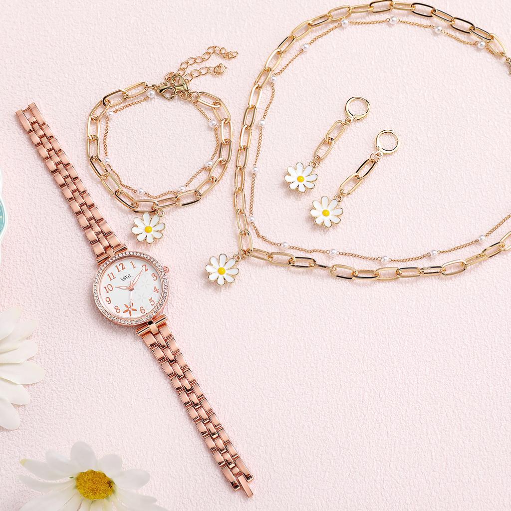 No gift box New style women's watches female small public ins simple small public fashion versatile   daisy jewelry 4-piece set