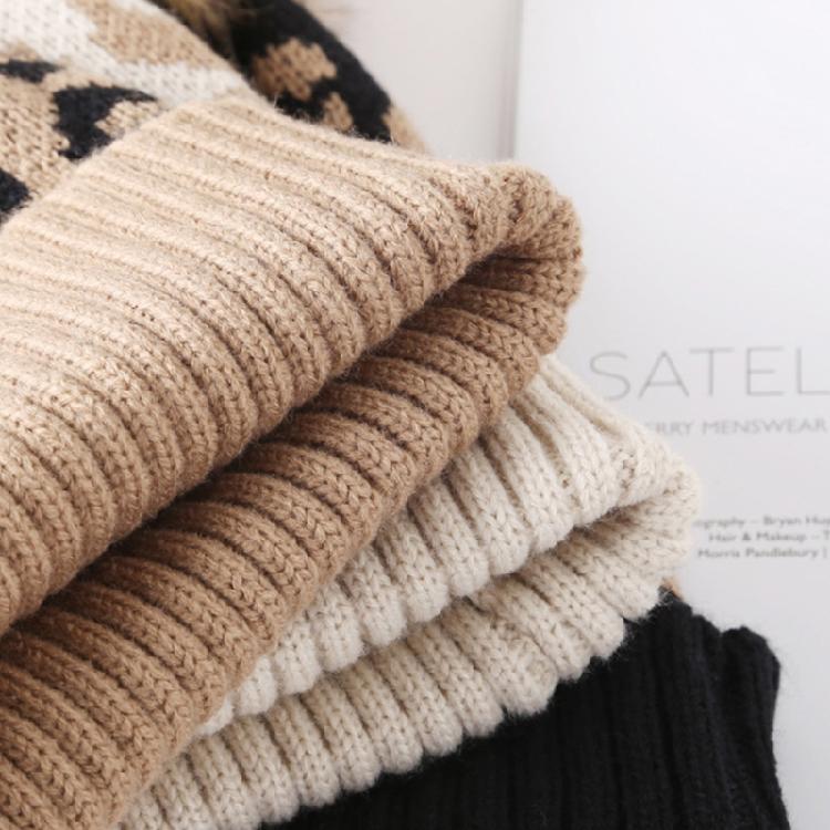 Leopard-print Knitted Wool Cap for W/Pompon Women Beanie Outdoor Casual Winter H