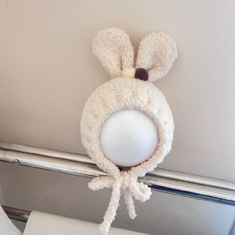 Baby Beanies with Tie Warm Lining Furry Pompoms Rabbit Ears Hat Adjustable Size Plush Hat Lovely Photo Props