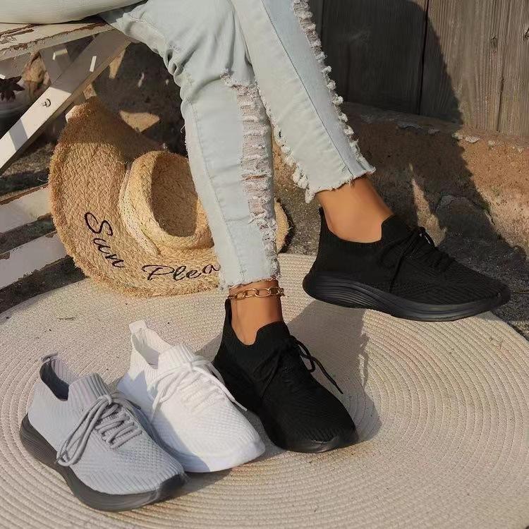 Women Casual Single Shoe Large Size Thick Sole Solid Color Front Lace Up Fly Woven Shoes for Women
