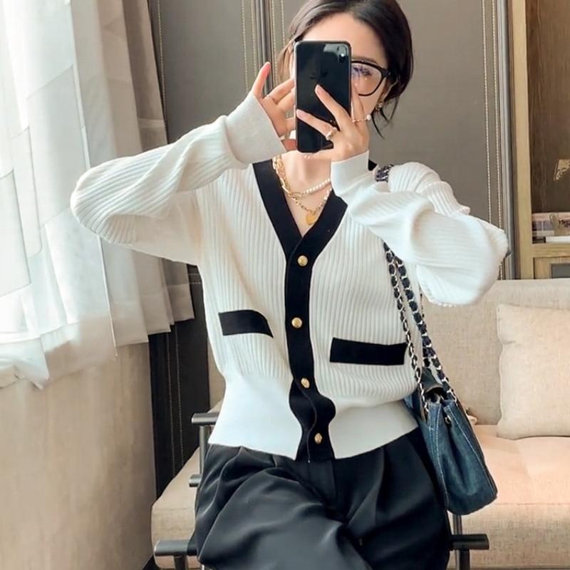 

Осенний длинный рукав V-образный вырез трикотажный свитер куртка женские кардиганы зимний облегающий однобортный свитер кардиган элегантный однотонный женский трикотаж 25332 L бежевый