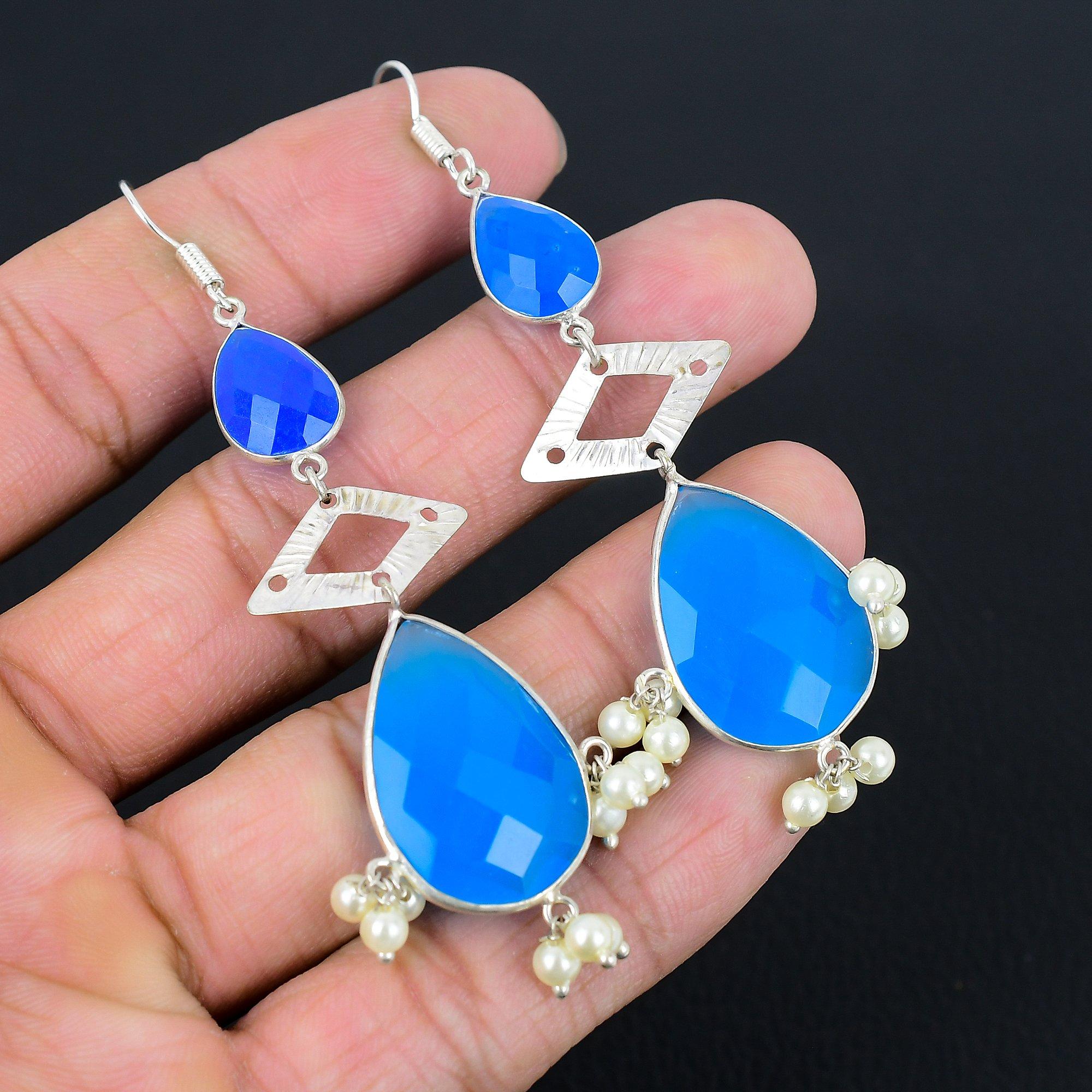 

Sisters Day Sale 925 Silver Pear Natural Blue Sapphire Boho Drop Dangle Earrings