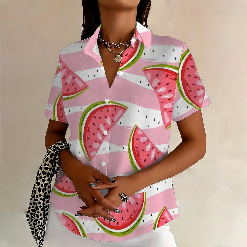 Plus-size watermelon print short-sleeved women's shirt, loose fit, slimming, casual summer top.