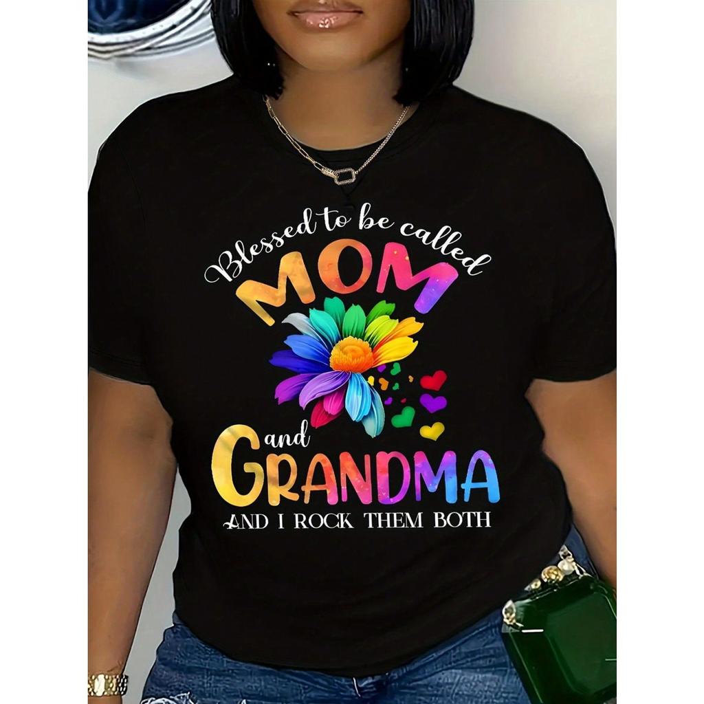 SHEIN LUNE Casual Graphic T-Shirt, To Be Called Mom And Grandma Crew Neck, Knit Top With Alphabet & Floral Heart Print, For All Seasons