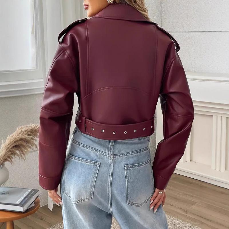 2025 Cross-border European and American New Women's Leather Jacket Short Spice Girl Street Retro Locomotive Lapel PU Leather Jacket