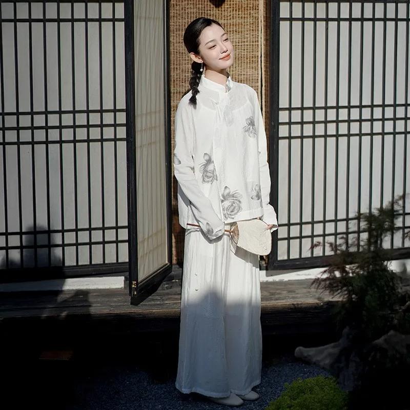 Johnature Women Vintage Stand Shirts Tops Long Sleeve Button Print Floral Blouses Spring Loose Casual Soft Shirts