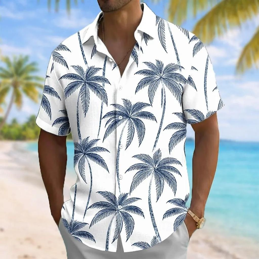 Men's Coconut Tree Print Short Sleeve Shirt Casual Button-Down Lapel Top for Vacation Beach Travel Daily Wear