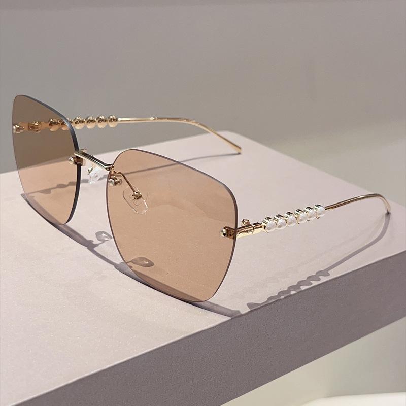 Vintage Rimless Oversized Square Sunglasses Women For Men Luxury Brand Designer Sun Glasses Punk Popular Pearl Metal Shades