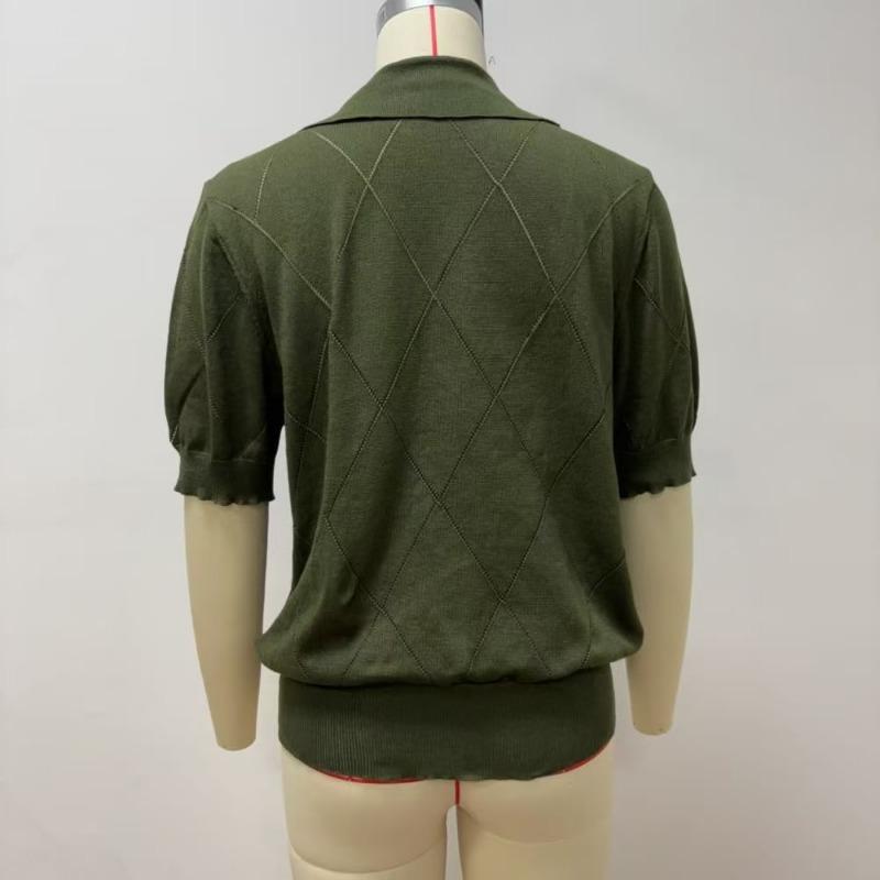 Women Summer Thin Knit Polo Collar Short Sleeve Slim Commute Top