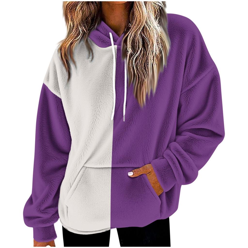 Unisex Color Block Hoodie with Pockets - Long Sleeve Flannel Pullover