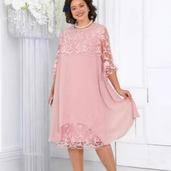 European & American Women's Embroidered Patchwork Round Neck Five-Point Sleeve Casual Dress