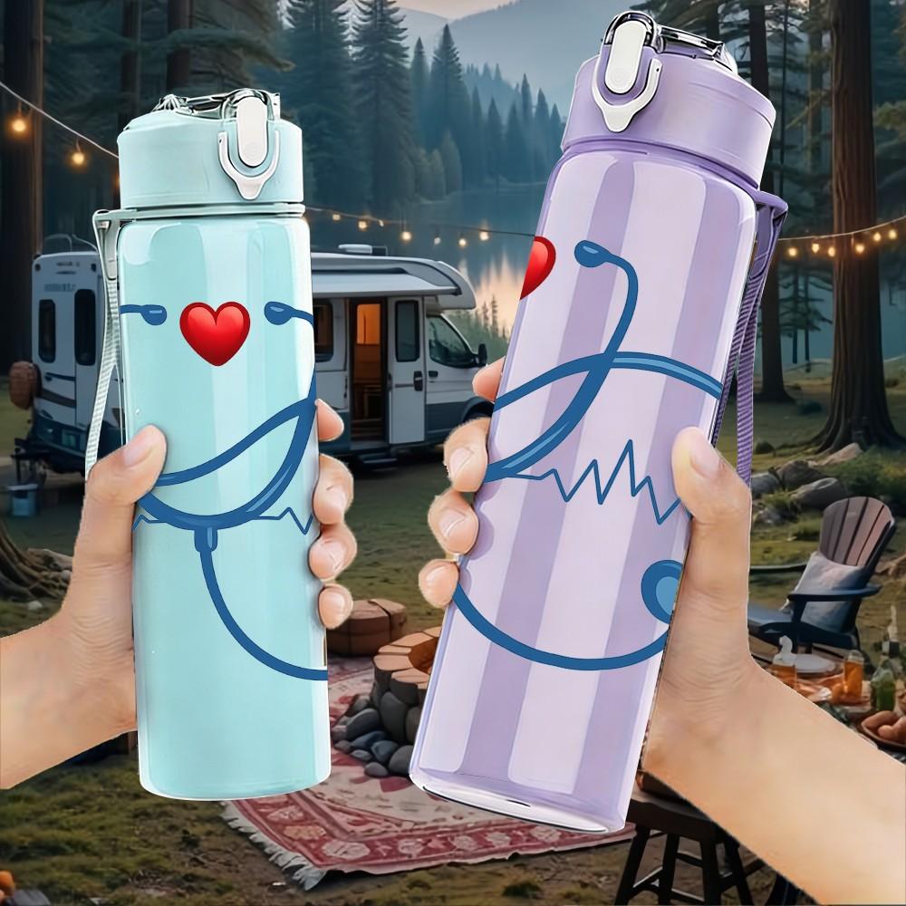 1PC Heart Stethoscope ECG Line Art 750ml Color Plastic Sports Water Bottle Leakproof Flip Straw Lid Suitable for Sports Office Home Use