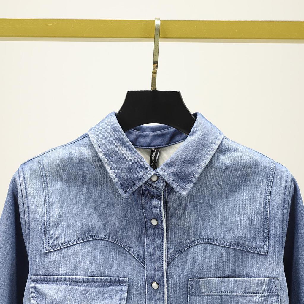 High-End Soft Denim Shirt: Retro Hong Kong Style, Warm Velvet-Lined, Casual Lyocell Tencel Top for Women - Autumn/Winter