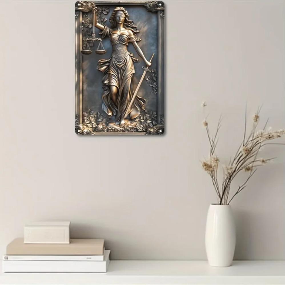Vintage Aluminum Wall Hanging: Justice Goddess Design with Scales of Justice - Decorative Metal Plaque for Bar, Living Room