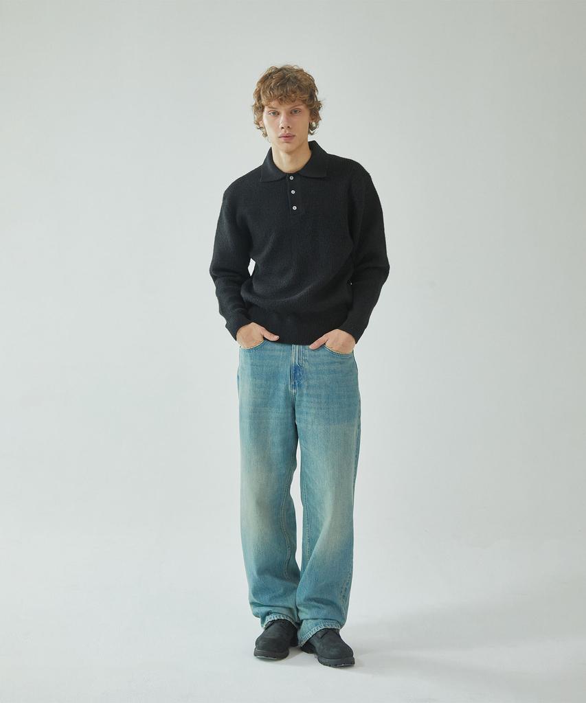 PINBLACK (Men) Button Collar Neck Wool Knit Black