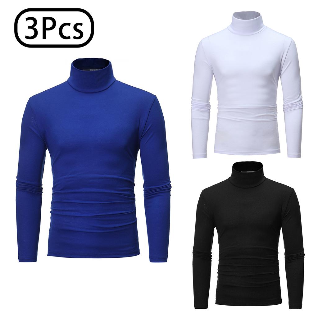 Conjunto de Camisas de Gola Alta Masculinas 3 Peças Manga Comprida Camada Base Térmica Ajuste Slim Cor Sólida