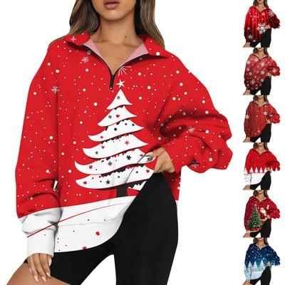 Women's Fashion Casual Long Sleeve Printed Zipper Turtleneck Drop Shoulder Sweatshirt Top