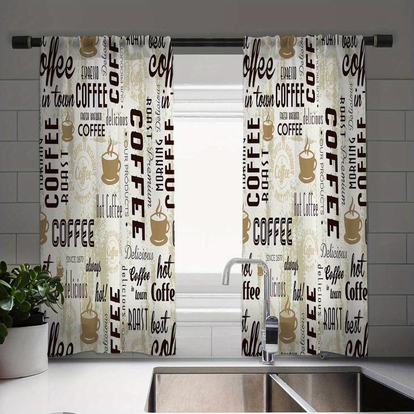 

Элегантный комплект штор из полиэстера с карманом на штанге в гламурном стиле с полупрозрачным кофейным принтом, пригодный для машинной стирки, для кухни, гостиной 135W165H(CM)53x65in&Rod Pocket
