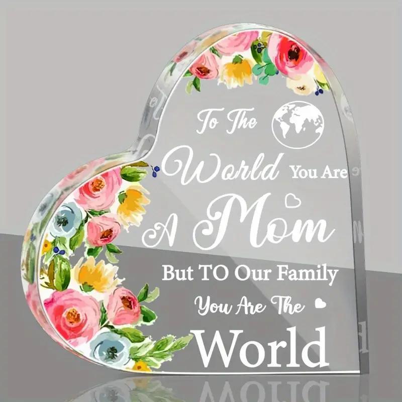 

Heart-Shaped Acrylic Decorative Plaque for Mom, Floral Design with to The World You Are A Mom Quote, Mother s Day Gifts From Daughter Son, Birthday 10*10cm